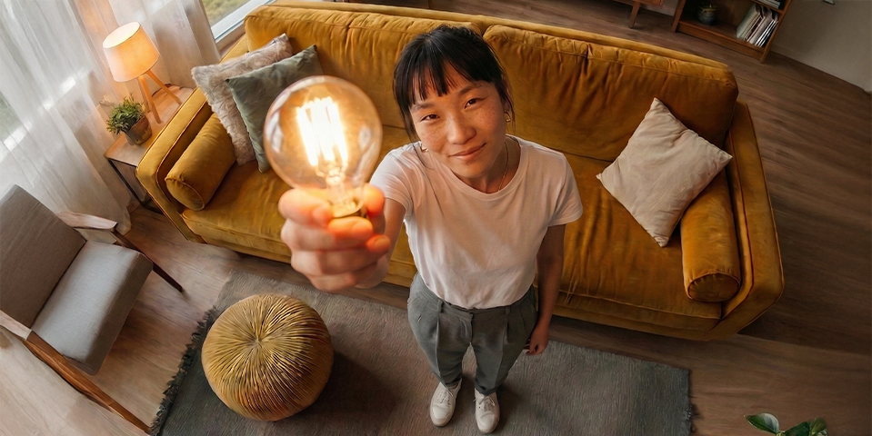 Une jeune femme tient une ampoule avec un macaron promotionnel ACCESS, -5% sur le prix du kWh HT d’électricité, garanti 3 ans.(1).